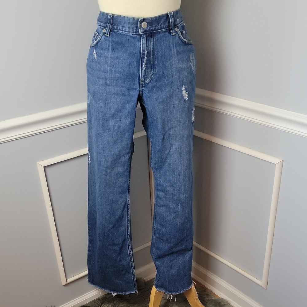 OLD NAVY Boy-Cut Low Rise Distressed Raw Hem Straight‎ Leg Boho VTG Cotton Jeans